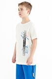 Ekru Yazı Baskılı O Yaka Standart Kalıp Erkek Çocuk T-Shirt - 11119 | 9-10