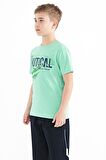 Su Yeşili Yazı Baskılı O Yaka Standart Kalıp Erkek  Çocuk T-Shirt - 11100 | 11-12