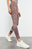 Gül Kurusu Yüksek Bel Yazı Baskılı Slim Fit Dar Paça Kadın Tayt - 94544 | L