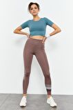 Gül Kurusu Yüksek Bel Yazı Baskılı Slim Fit Dar Paça Kadın Tayt - 94544 | L