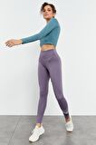 Eflatun Yüksek Bel Yazı Baskılı Slim Fit Dar Paça Kadın Tayt - 94544 | L