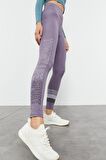 Eflatun Yüksek Bel Yazı Baskılı Slim Fit Dar Paça Kadın Tayt - 94544 | M