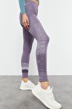 Eflatun Yüksek Bel Yazı Baskılı Slim Fit Dar Paça Kadın Tayt - 94544 | M