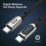Bix Type-C to Type-C 240W 480Mbps E-Marker Çip Dijital Ekran Göstergeli Örgülü Şarj ve Data Kablosu 1 Metre