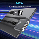 Bix 140W Type-C to Magsafe 3 Macbook Pro ve Macbook Air 13″ 14″ 16″ M1 M2 Uyumlu Manyetik Örgülü Şarj Kablosu 2 Metre