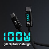 Bix Type-C to Type-C 100W 480Mbps E-Marker Çipli LED Dijital Ekranlı Şarj ve Data Kablosu 1 Metre Siyah