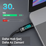 Bix Type-C to Type-C 100W 480Mbps E-Marker Çipli LED Dijital Ekranlı Şarj ve Data Kablosu 1 Metre Siyah