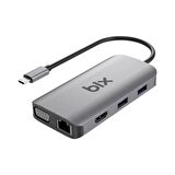 Bix BX17HB Type-C to Gigabit Ethernet HDMI PD USB 3.2 Micro SD/SD VGA Çoklayıcı Adaptör