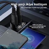 Bix 65W Type-C PD 3.0 ve USB-A Çift Portlu Araç içi Hızlı Şarj Cihazı Siyah