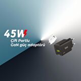 Bix BX2P46G 45W GaN USB-C + USB-A Şarj Aleti iPhone iPad PPS PD Type-C Hızlı Şarj Cihazı Siyah