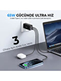 Bix Bx3p66g Gan 65w 2xtype-c 1X Usb 3 Portlu Hızlı şarj adaptörü 