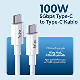Bix 100W 5Gbps E-Mark Çipli Type-C to Type-C PD Şarj ve Data Kablosu 2 Metre Beyaz