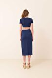 Dekolteli Crop Bluz Lacivert