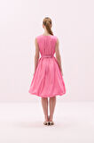 Tafta Beli Kemerli Midi Boy Balon Elbise Pembe