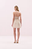 Korse Tipli Halter Yaka Mini Elbise Ekru