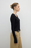 V Yaka Uzun Kol Basic T-shirt Siyah