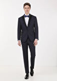 Lacivert Düz Modern Fit Kruvaze Yaka Dokuma Smokin Takım Elbise