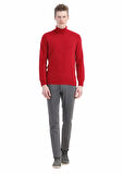 Kırmızı Tam Balıkçı Yaka Jakarlı Yün Karışımlı Triko Kazak
