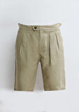 Açık Yeşil Düz Dokuma Carrot Fit Casual %100 Keten Bermuda