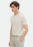 Bej Çizgili Bisiklet Yaka %100 Keten T-Shirt