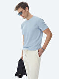 Mavi Jakarlı Bisiklet Yaka Pamuk Karışımlı T-Shirt