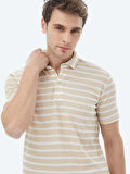 Bej Çizgili Polo Yaka Pamuk Karışımlı T-Shirt