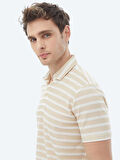 Bej Çizgili Polo Yaka Pamuk Karışımlı T-Shirt