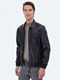 Siyah Regular Fit Bebe Yaka Smart Casual Koyun Derisi Deri Mont