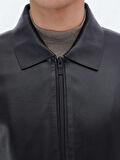 Siyah Regular Fit Bebe Yaka Smart Casual Koyun Derisi Deri Mont
