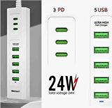 ROSE TEKNOLOJİ 24W-4.85A 5 USB/3 TYPE-C GİRİŞLİ HIZLI ŞARJ DESTEKLİ 1M UZATMA KABLOLU ŞARJ İSTASYONU