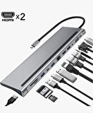 ROSE TEKNOLOJİ TYPE-C KABLOLU 12 ın 1 HIZLI ŞARJLI AUX VGA HDMI PORTLU 100MBPS ETHERNET PORTLU USB ÇOKLAYICI