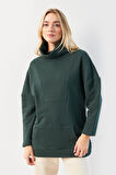Kapalı Yaka Uzun Kollu Cepli Yeşil Sweatshirt