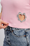 Yanı Parlak Taş Şekilli Crop  T-shirt