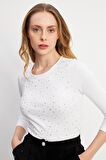 Uzun Kollu Küçük Taş Detaylı Yuvarlak Yaka Bluz