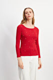 Beyaz Boncuklu Uzun Kollu Yuvarlak Yaka Kırmızı Bluz
