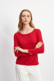 Beyaz Boncuklu Uzun Kollu Yuvarlak Yaka Kırmızı Bluz