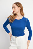 Omuzu Boncuklu Lacivert Uzun Kollu Yuvarlak Yaka Bluz