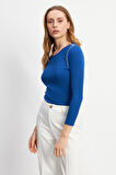 Omuzu Boncuklu Lacivert Uzun Kollu Yuvarlak Yaka Bluz