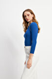 Omuzu Boncuklu Lacivert Uzun Kollu Yuvarlak Yaka Bluz