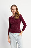 Beyaz Boncuklu Uzun Kollu Yuvarlak Yaka Bordo Bluz