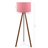 Pratik Ahşap Üç Ayaklı Tripod Lambader Pembe Kumaş Başlık Salon Oturma Odası Köşe Lambası
