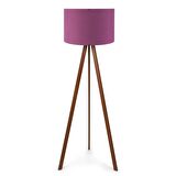 Pratik Ahşap Üç Ayaklı Tripod Lambader Mor Kumaş Başlık Salon Oturma Odası Köşe Lambası