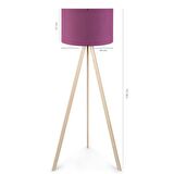 Pratik Ahşap Krem Üç Ayaklı Tripod Lambader Mor Kumaş Başlık Salon Oturma Odası Köşe Lambası