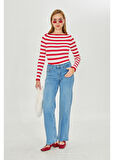 Çizgili Kayık Yaka Triko Kazak 