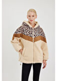 Leopar Garnili Kapüşonlu Peluş Mont