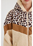 Leopar Garnili Kapüşonlu Peluş Mont