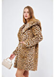 Kapüşonlu Cepli Leopar Peluş Kürk 