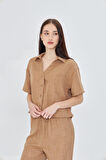 Önü Cepli Kısa Keten Görünümlü Gömlek 