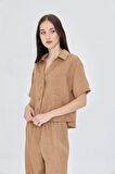 Önü Cepli Kısa Keten Görünümlü Gömlek 