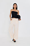 Şeritli Bol Paça Pantolon - Ekru